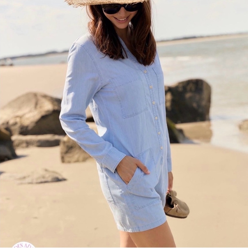 Le Marais The Folton Denim Romper Size Medium Button Front Retail $262 NWT